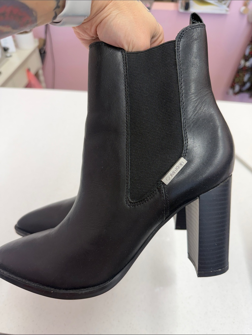 Calvin Klein Black Pointed Chelsea Ankle Boots with Block Heel - Picture 4 of 6